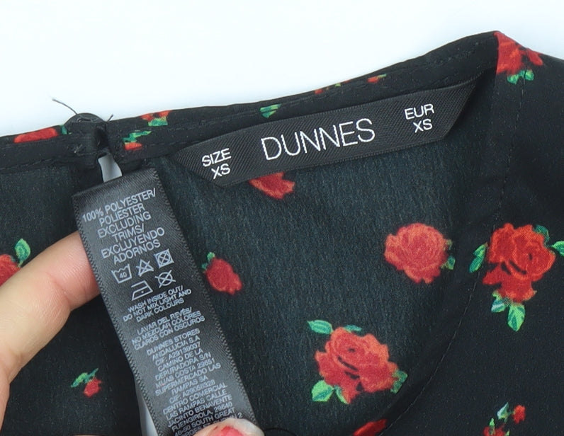 Dunnes Women’s Black Floral Midi A-Line Dress XS 3/4 Sleeve