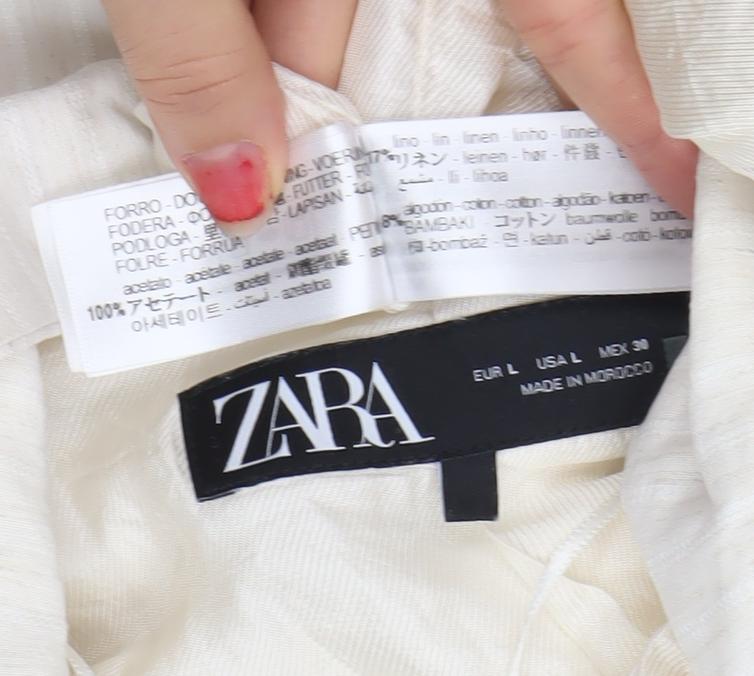 ZARA Women Ivory Linen Blend 3/4 Sleeve Blazer Jacket L Single-Breasted