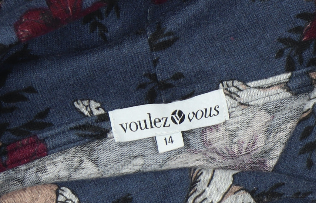 Voulez Vous Women's Blue Floral Shift Dress Size 14 Long Sleeve Cowl Neck