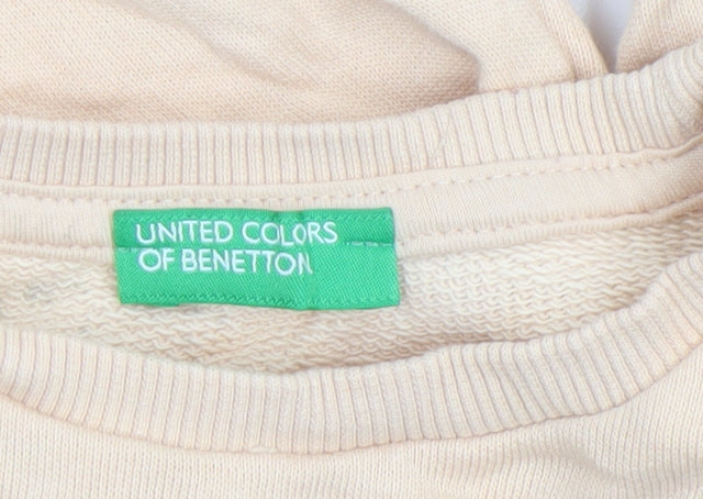 United Colors of Benetton Girls Beige Cat Print Pullover Sweatshirt 6 Years