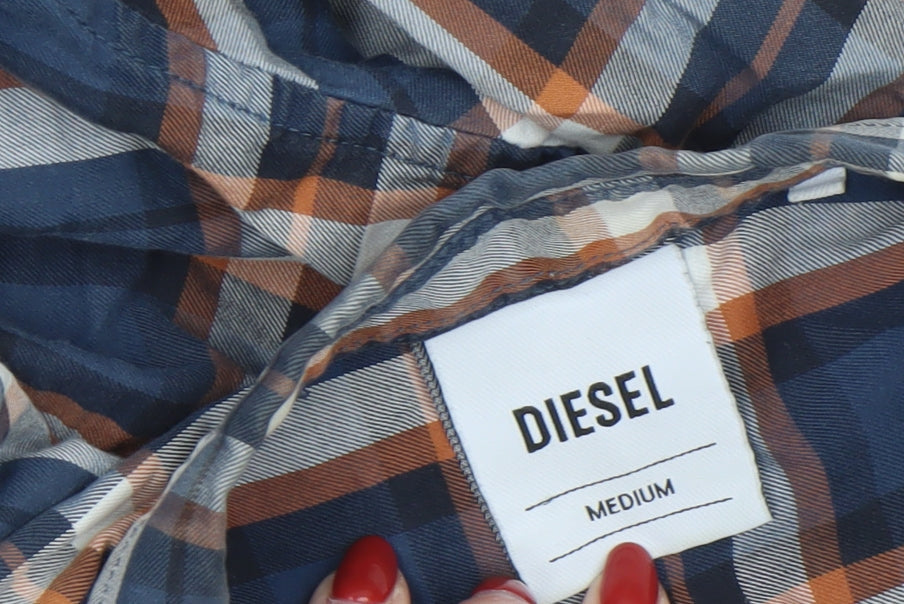 Diesel Mens Blue Check Long Sleeve Button-Up Cotton Shirt Medium