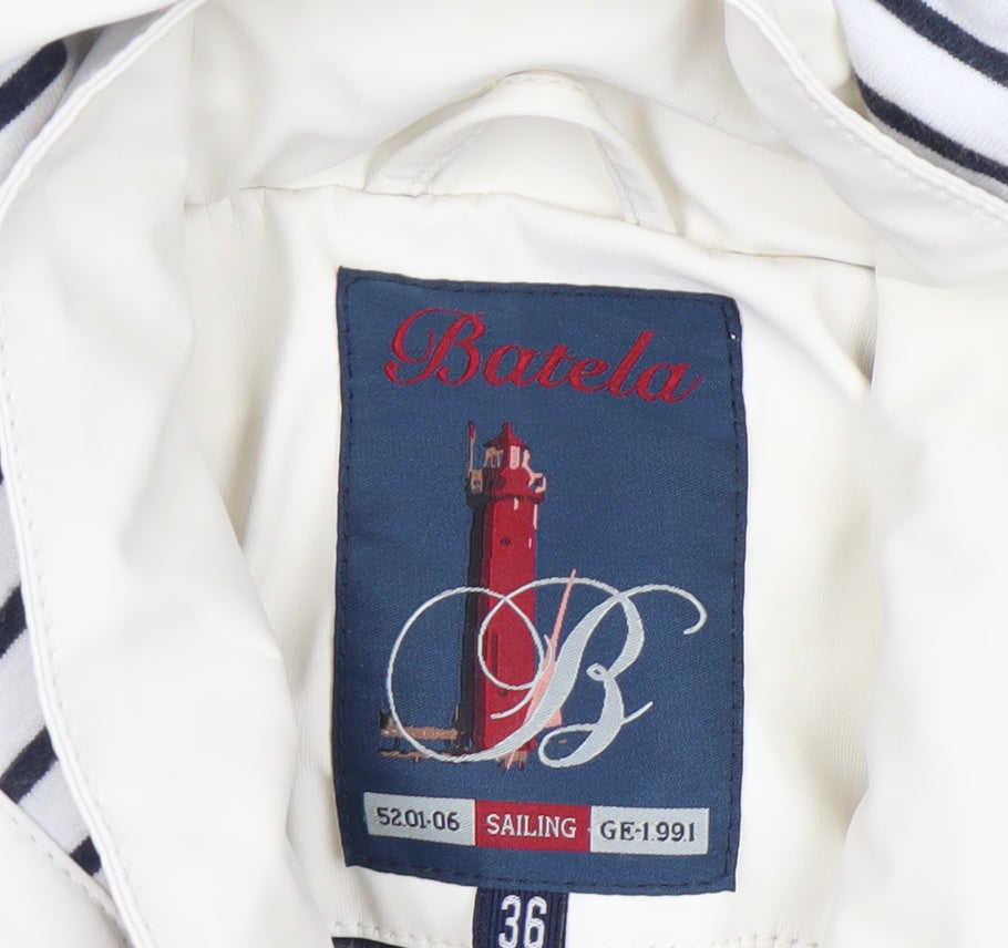 Batela Women’s White Hooded Nautical Rain Coat Jacket Size 8