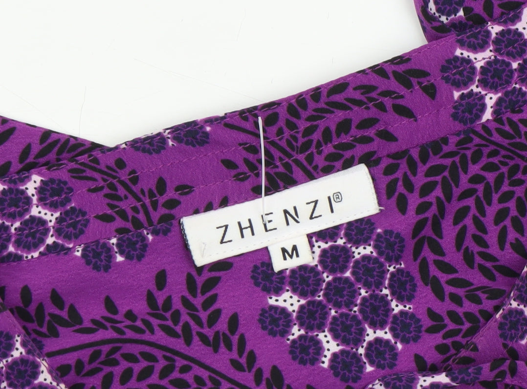 Zhenzi Women's Purple Floral Tunic Blouse M 3/4 Sleeve V-Neck