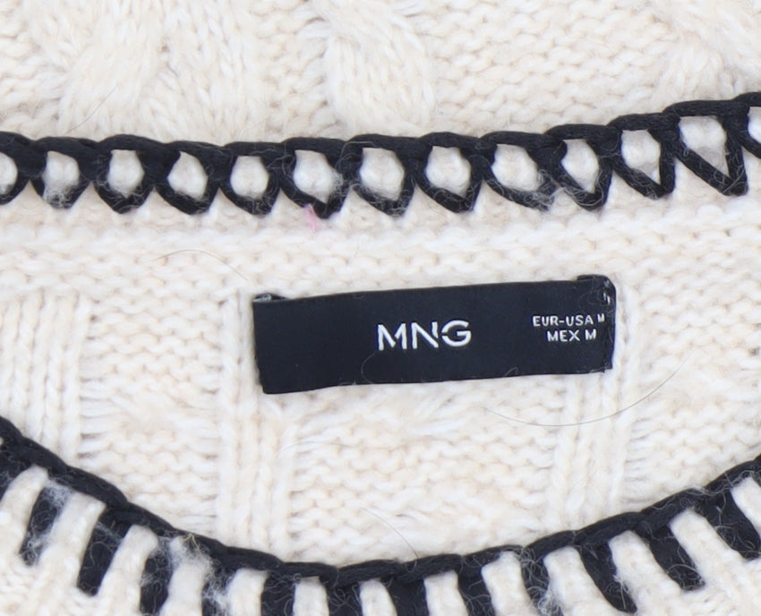 Mango Women’s Ivory Cable-Knit Wool Blend Crew Neck Jumper Size M