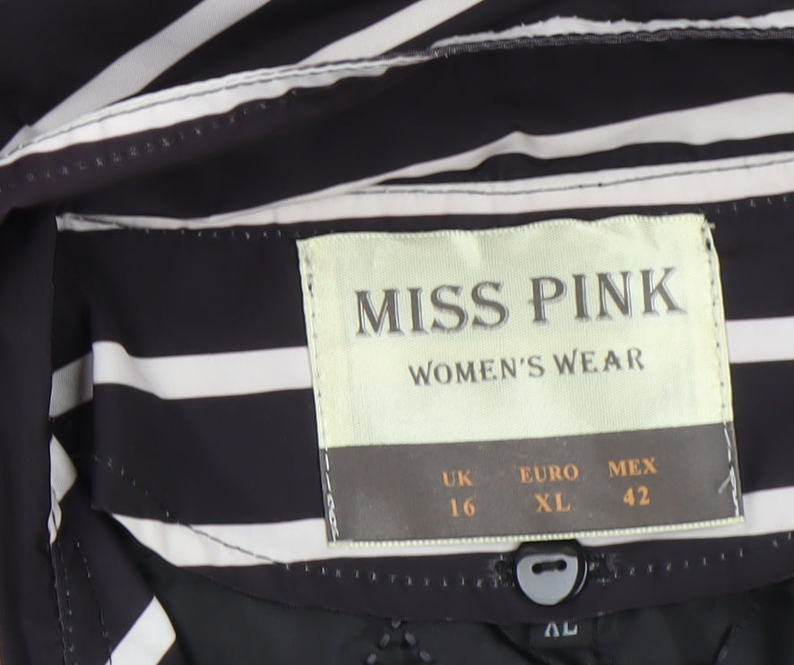 Miss Pink Women's Black Striped Trench Coat UK 16 Belted Mid-Length