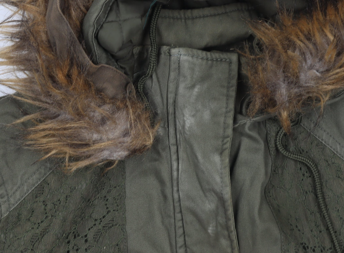 Love Label Women’s Green Hooded Parka Coat Size 8 Faux Fur Trim Lined Cotton Blend