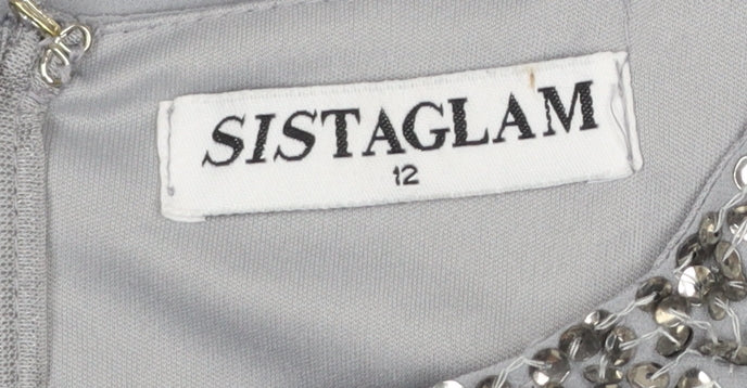 Sistaglam Women Grey Beaded A-Line Sleeveless Knee Length Dress Size 12