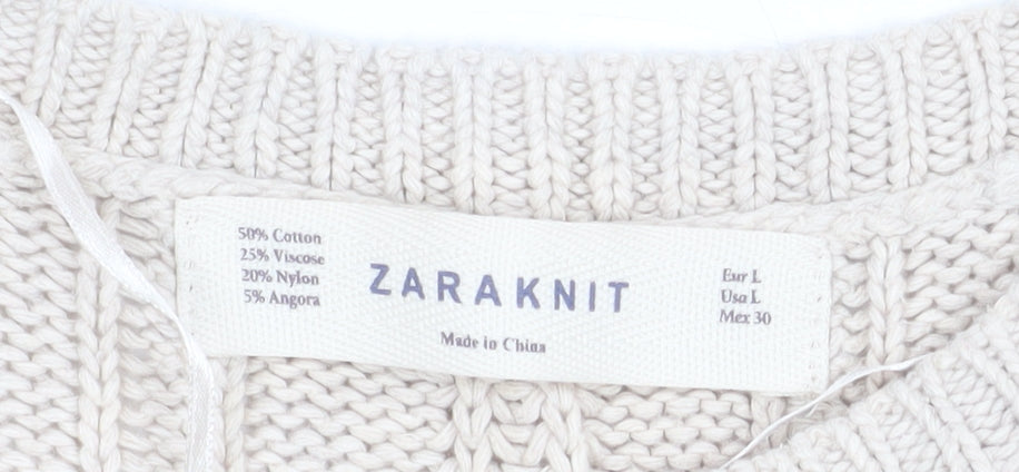 Zara Women Beige Cable Knit Crew Neck Pullover Jumper Size 14