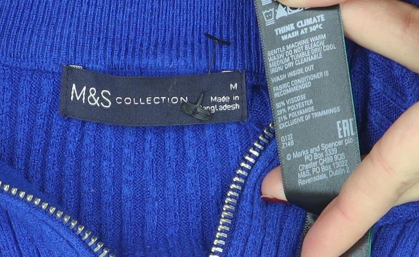 Marks & Spencer Women Blue Mock Neck Half Zip Ribbed Jumper Size M