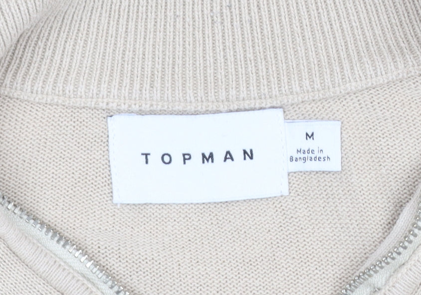 Topman Men Beige 1/4 Zip High Neck Cotton Jumper M