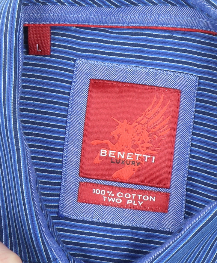 Benetti Luxury Men's Blue Striped Cotton Long Sleeve Button-Up Shirt Size L