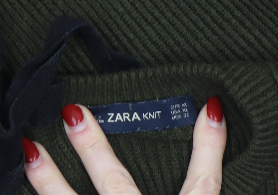 Zara Women Green Relaxed Knit Bow Back Long Sleeve Jumper XL