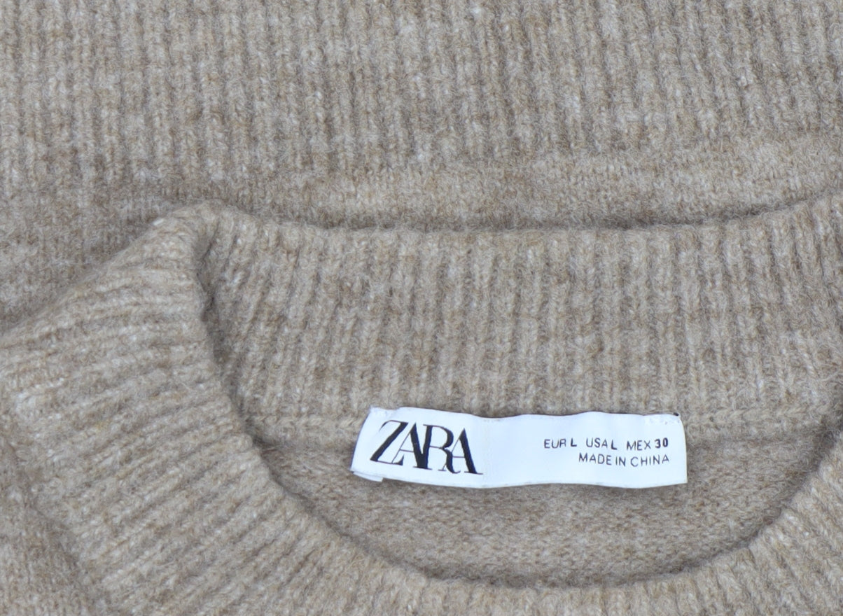 Zara Women Beige Wool Blend Crew Neck Knit Jumper L