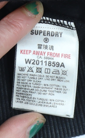 Superdry Womens Black Hoodie UK 12 Pullover Cotton Blend Graphic Logo