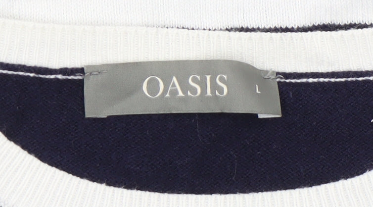 Oasis Women’s White Navy Striped Beaded Crew Neck Jumper Size L