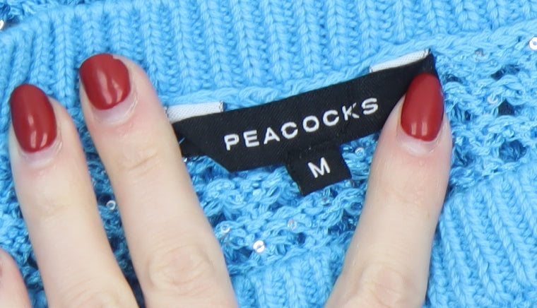 Peacocks Women's Blue Open-Knit Sequin Pullover Jumper Size M