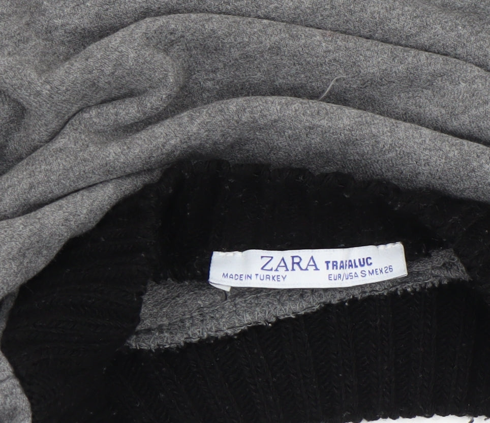 Zara Women Grey Cropped Long Sleeve Crew Neck T-Shirt Size S