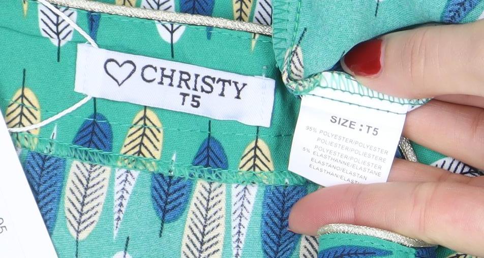 Christy Womens Green Geometric Shift Dress Size 15 V-Neck Casual