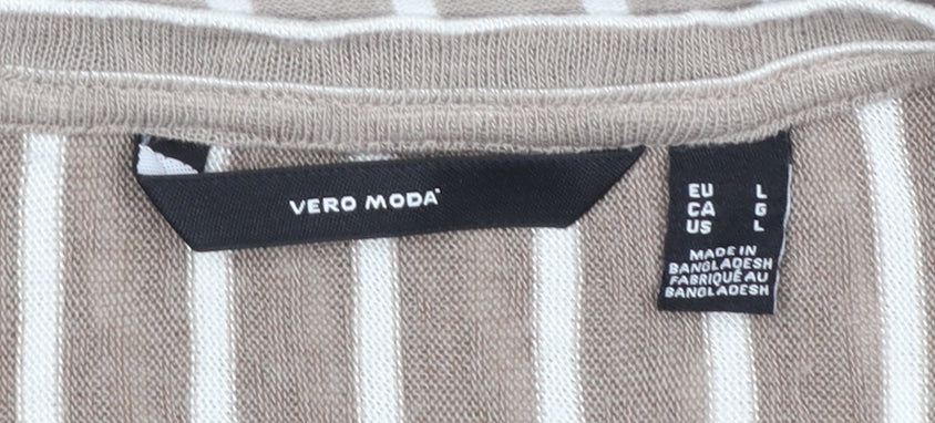 Vero Moda Women Beige Striped Sleeveless V-Neck Blouse Size L