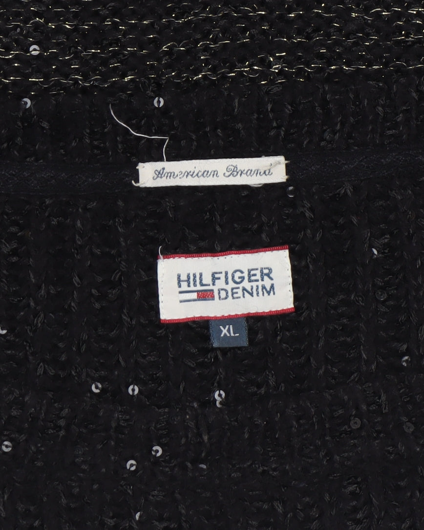 Hilfiger Denim Womens Black Sequin Knit Jumper XL Relaxed Fit