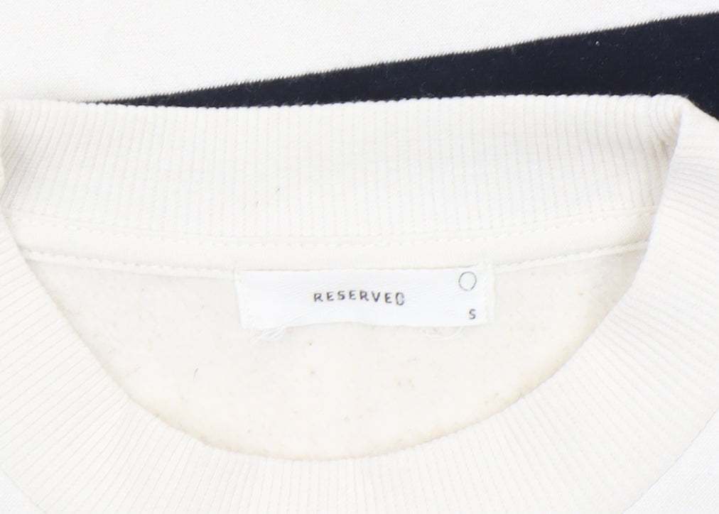 RESERVED Women's White and Navy Striped Crew Neck Pullover Sweatshirt Size S