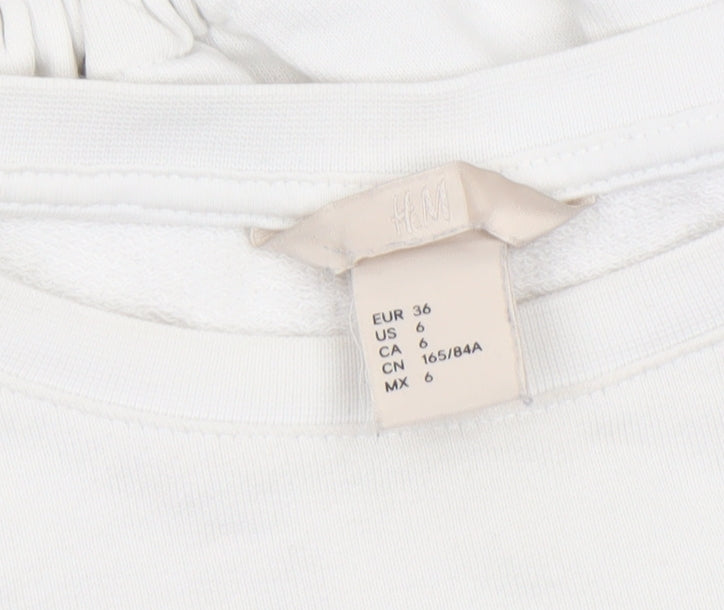 H&M Women White Cotton Cropped Long Sleeve Crew Neck Top Size 8