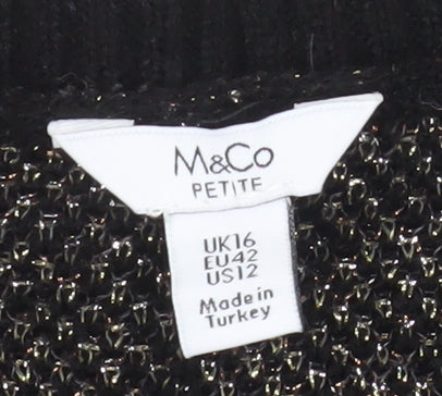 M&Co Women’s Black Metallic Zigzag Knit Petite Jumper Size 16