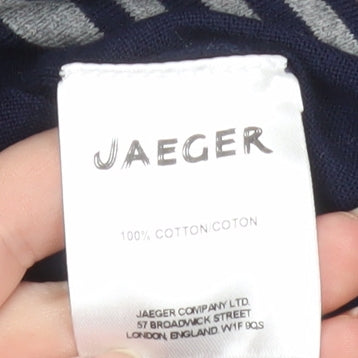 Jaeger Women Grey Blue Striped Cotton Crew Neck Jumper L