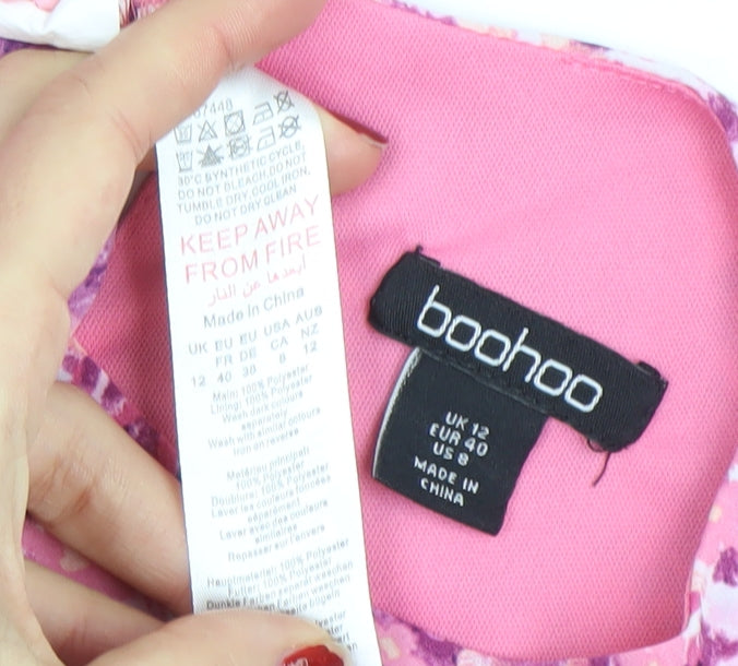 Boohoo Women’s Pink Floral Bodycon Midi Dress Size 12 Long Sleeve