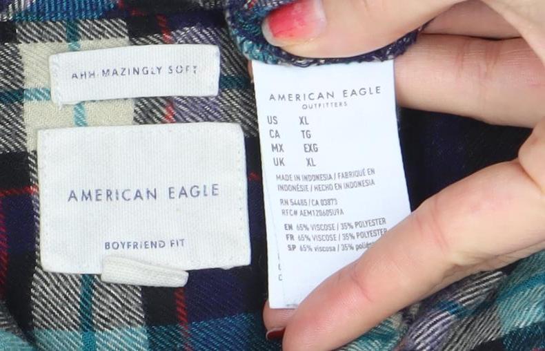 American Eagle Men's Multicoloured XL Flannel Check Button-Up Shirt