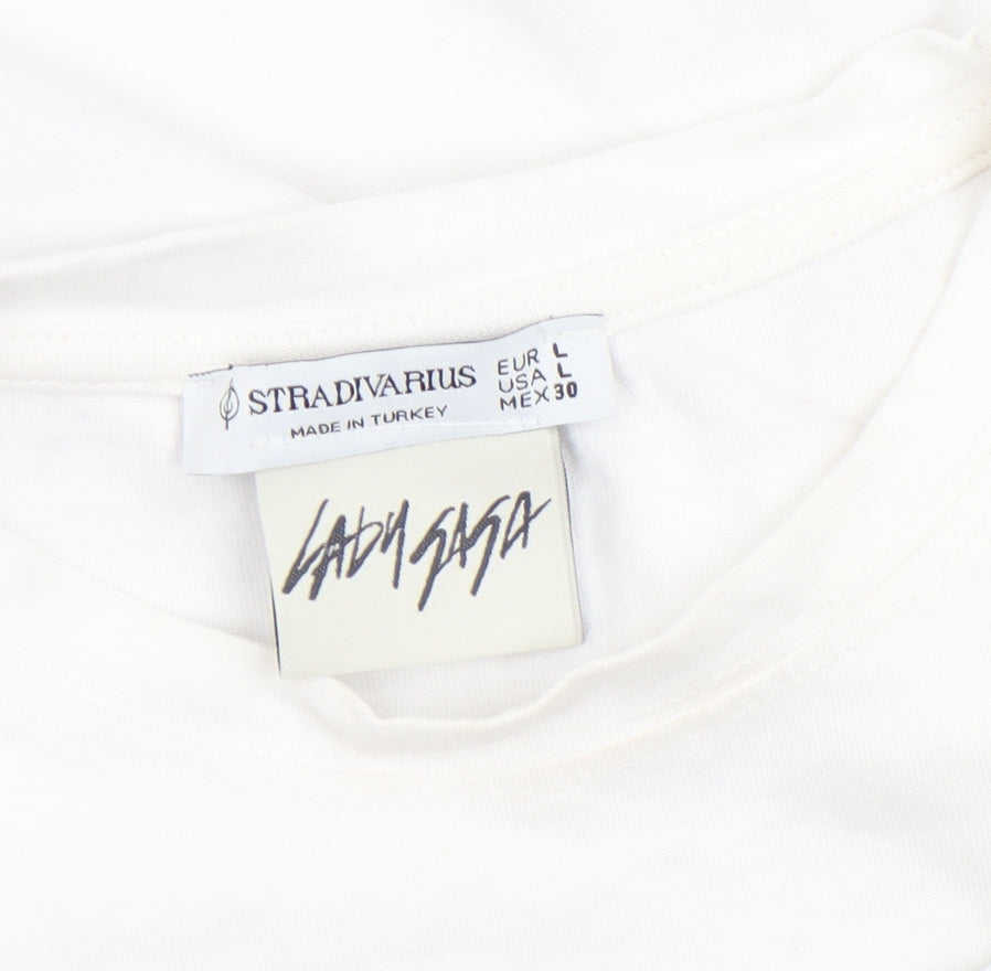 Stradivarius Women White Lady Gaga Graphic T-Shirt Size L 100% Cotton