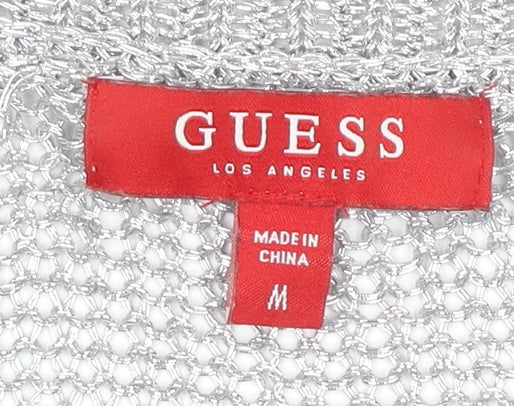 Guess Women's Silver Open-Knit Crew Neck Jumper Size 8