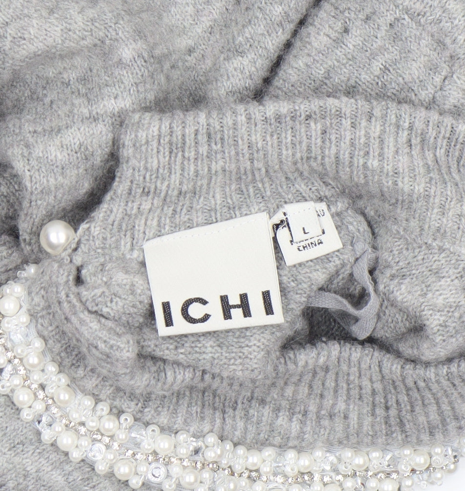 ICHI Women's Grey Beaded High Neck 3/4 Sleeve Knit Jumper Size L