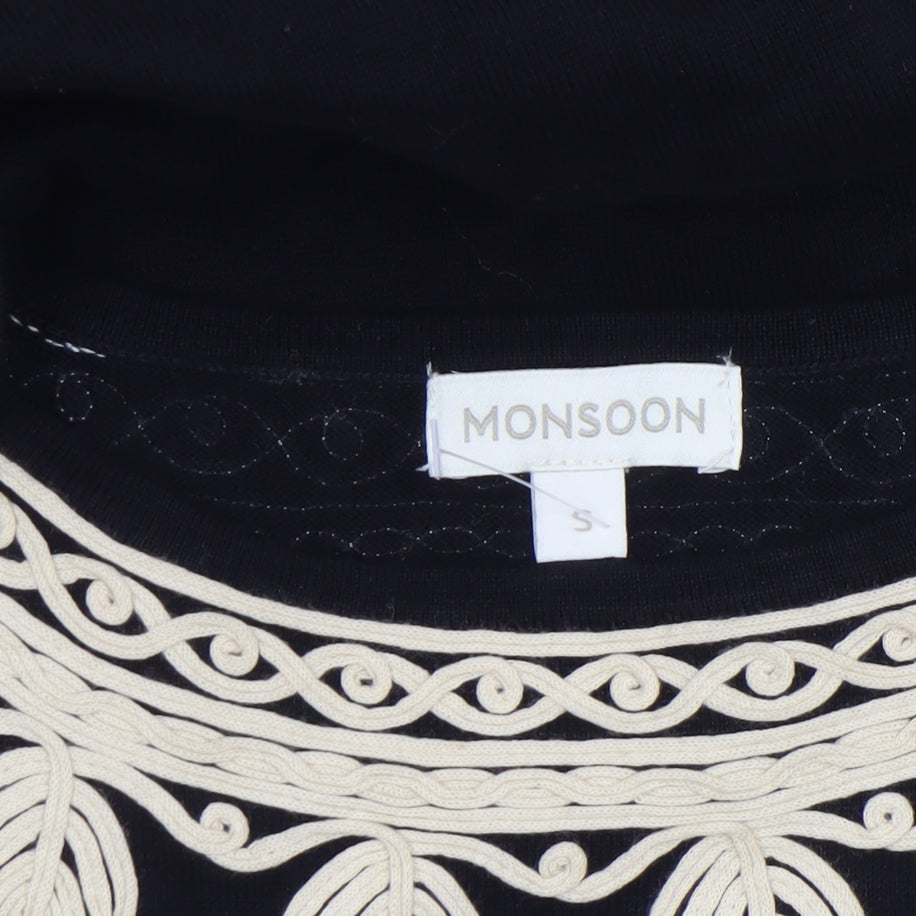 Monsoon Women's Black Embroidered Shift Dress Size S 3/4 Sleeve Cotton
