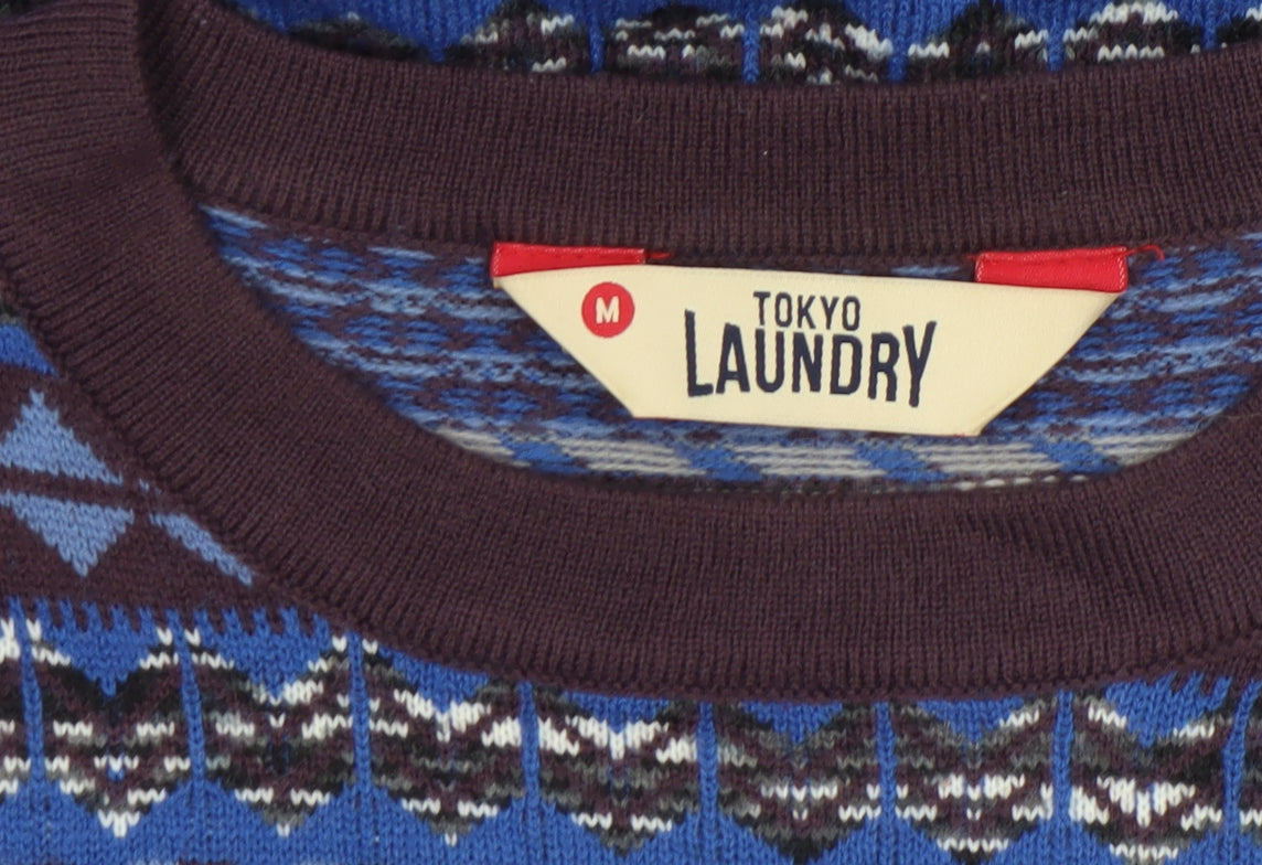 Tokyo Laundry Men's Blue Geometric Knit Crew Neck Jumper Size M