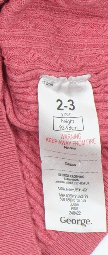 George Girls Pink Cable Knit Roll Neck Jumper 2-3 Years