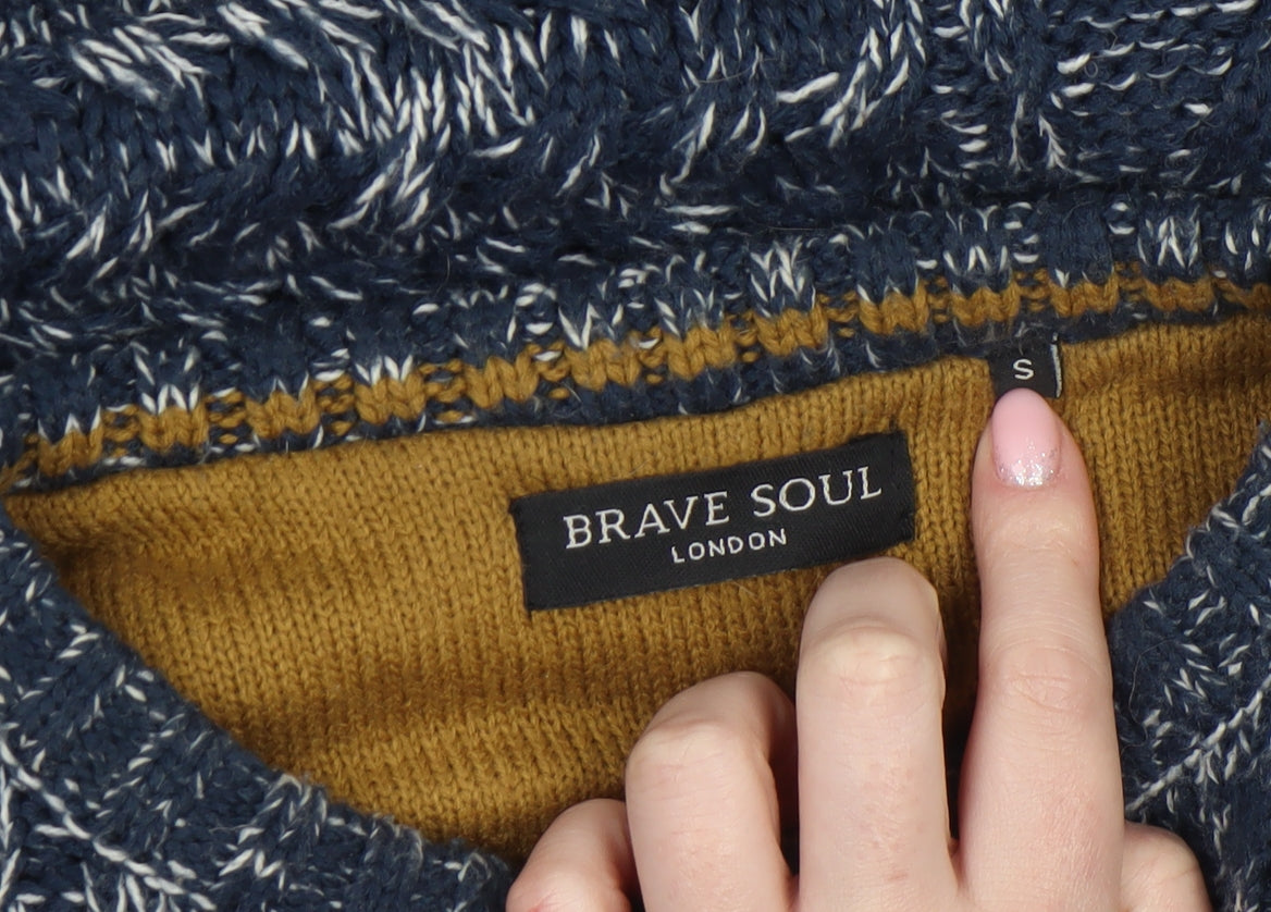Brave Soul Men's Blue Crew Neck Cable-Knit Jumper Size S