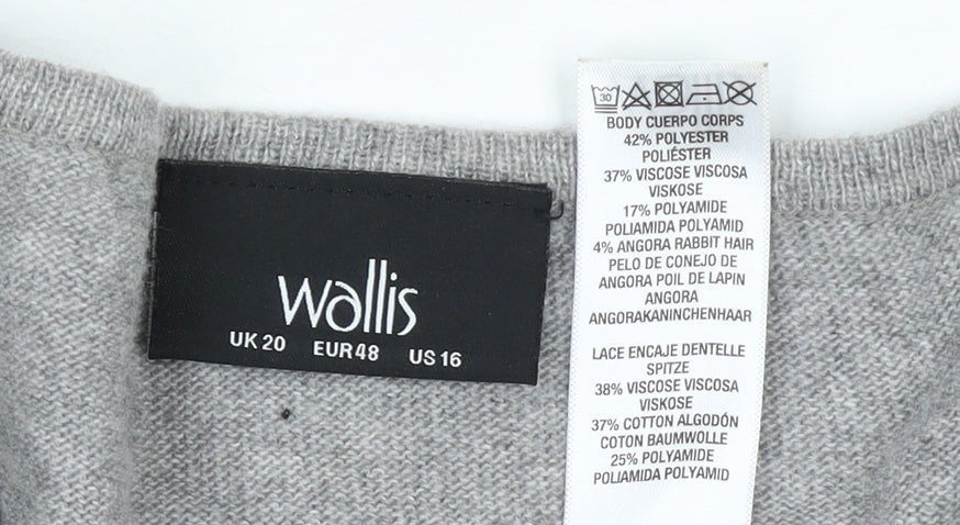 Wallis Women’s Grey Lace Front Long Sleeve Pullover Jumper Size 20