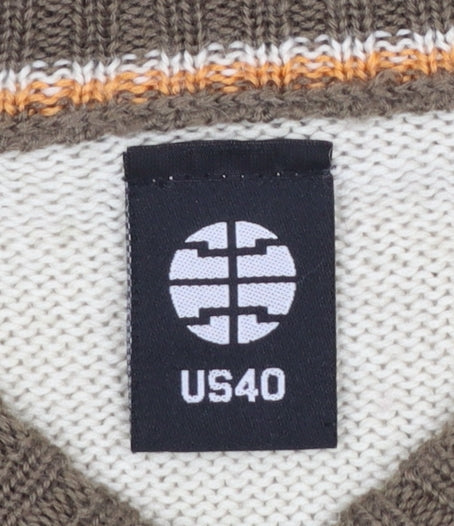 US40 Men’s Beige Brown V-Neck Graphic Pullover Jumper Size L