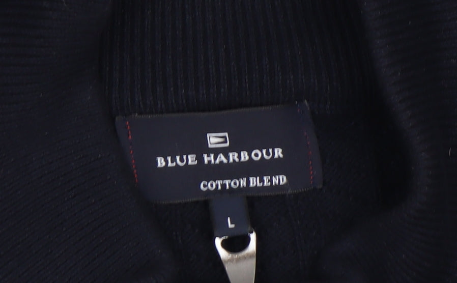 Marks and Spencer Blue Harbour Men's Black Full Zip Cotton Blend Jumper L