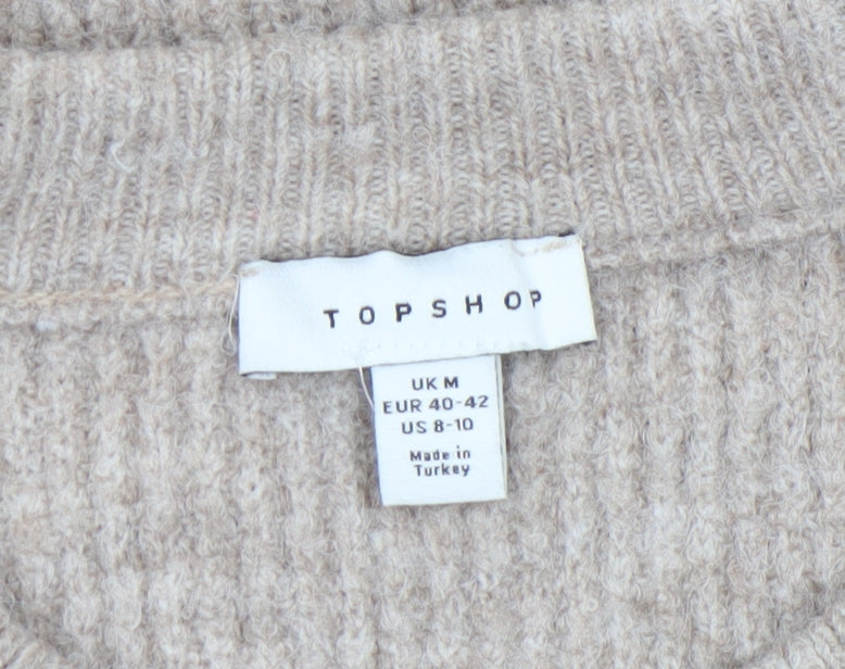 Topshop Women Beige Ribbed Crew Neck Pullover Jumper Size M