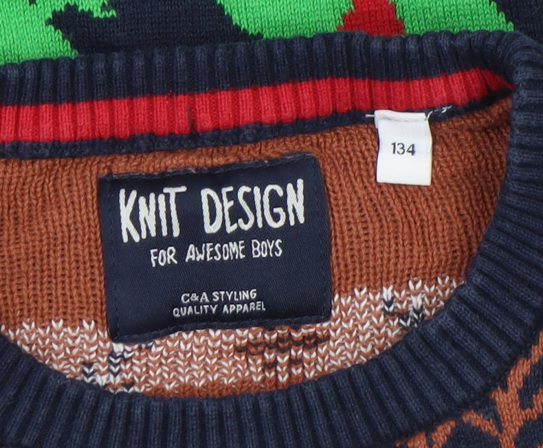 C&A Boys Navy Christmas Dinosaur Reindeer Cotton Jumper Size 134