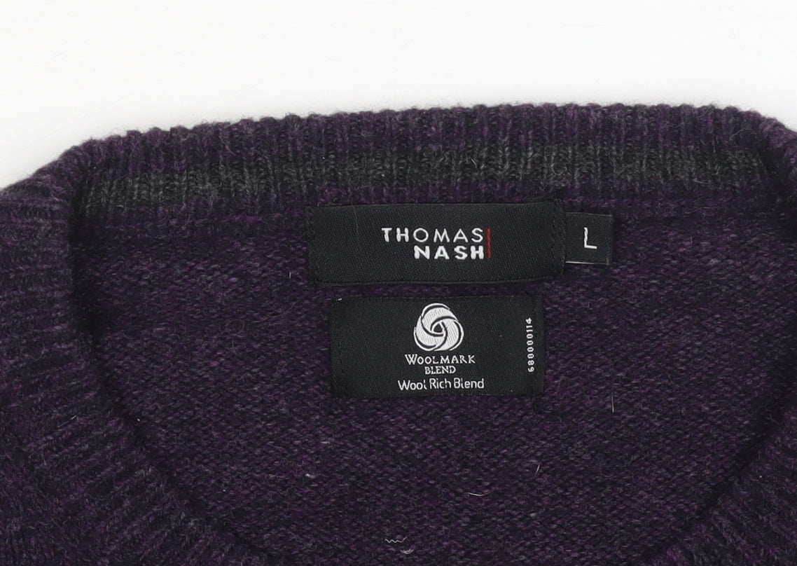 Thomas Nash Men's Purple Wool Blend Crew Neck Jumper Size L