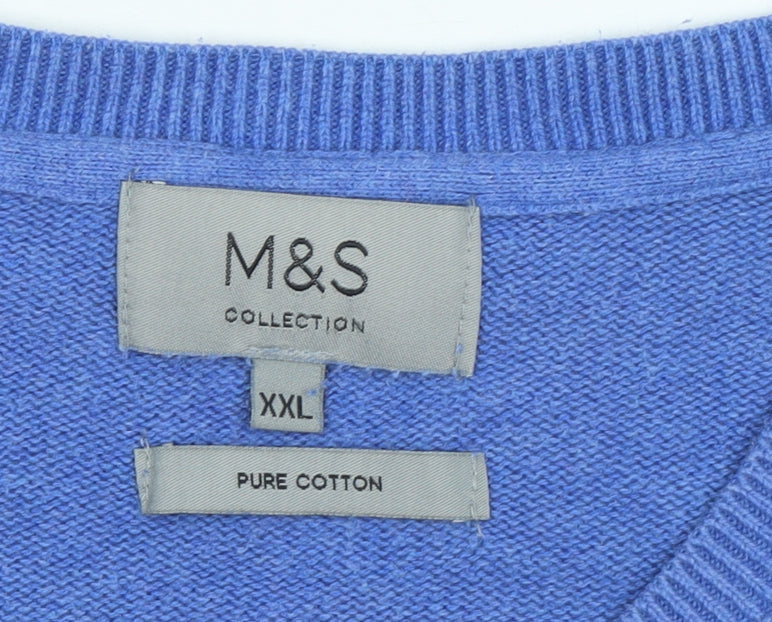 Marks & Spencer Men Blue 2XL V-Neck Cotton Pullover Jumper