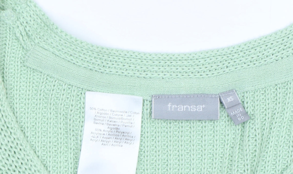 Fransa Women’s Green Chunky Knit V-Neck Pullover Jumper XS
