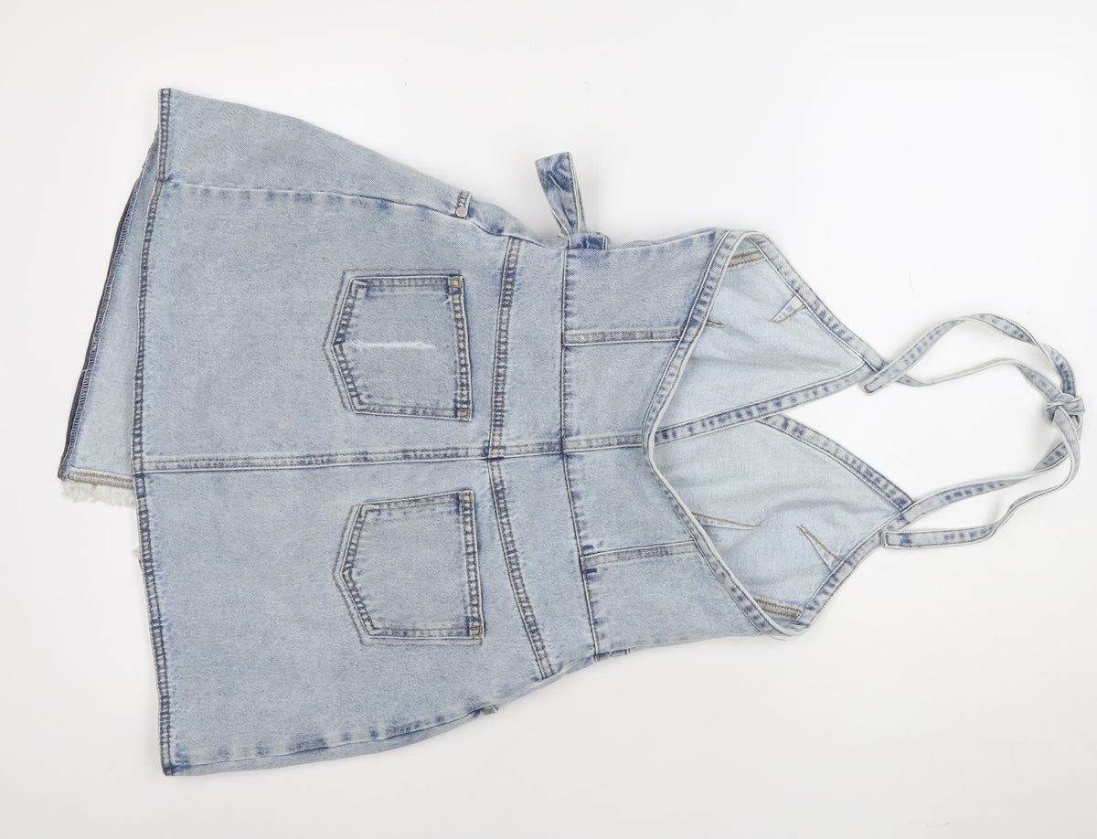 NEVA Women Blue Denim Halter Pinafore Short Dress Size M