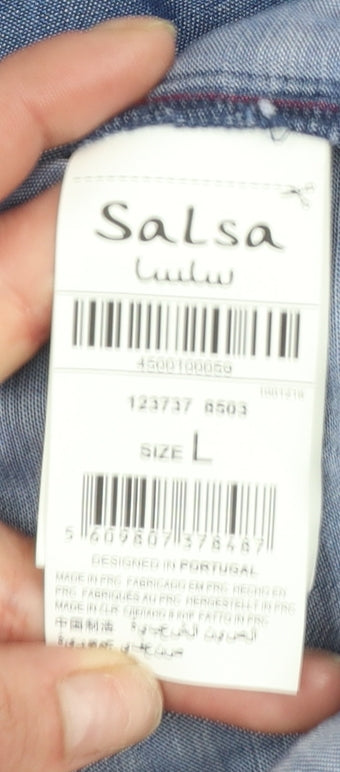 Salsa Women Blue Wrap Lyocell Chambray Blouse L Long Sleeve