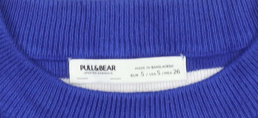 Pull&Bear Women Blue Striped Crew Neck Cotton Jumper Size S