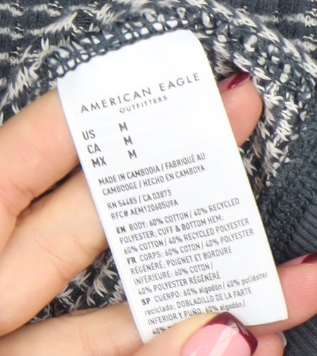 American Eagle Women Grey Textured V-Neck Pullover Sweatshirt M