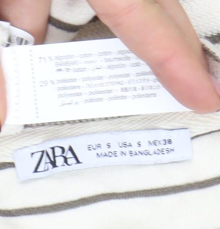 Zara Womens Ivory Striped Cotton Blend Short Sleeve T-Shirt S